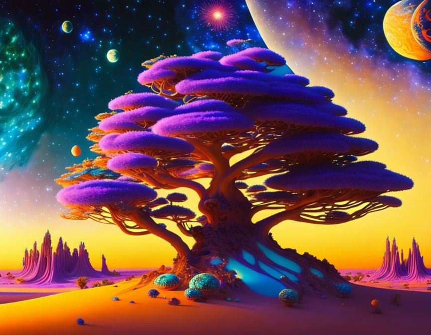 Colorful Fantasy Landscape with Giant Purple Tree and Alien Plants