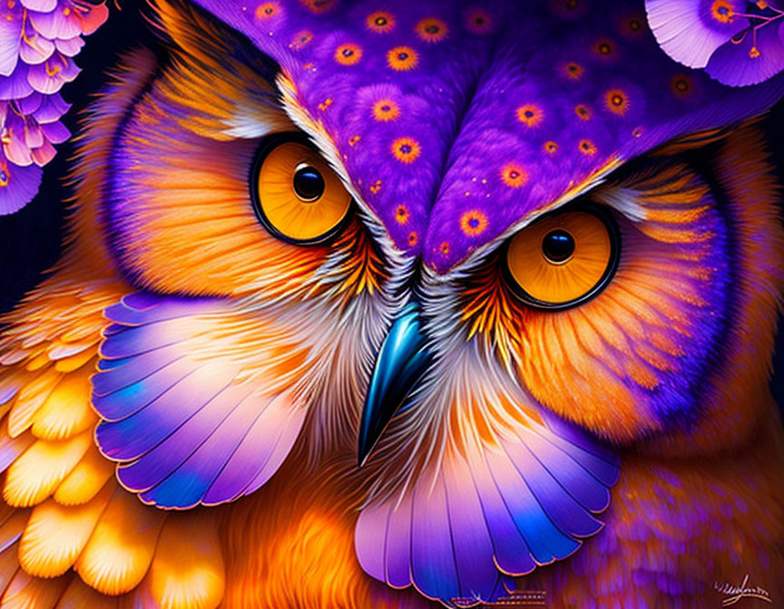 Colorful Owl Digital Art with Orange Feathers and Floral Hat