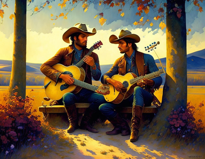 Cowboys in Western attire playing guitars at sunset