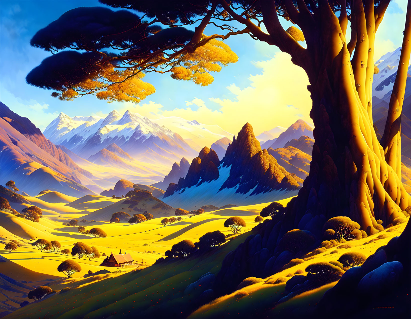 Digital landscape with tree, hills, cottage, and mountains under warm sky