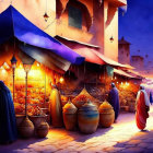 Colorful Night Market Scene with Traditional Clothing and Warm Lights