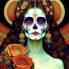 Colorful Dia de los Muertos woman artwork with golden halo and roses