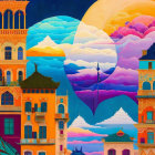 Vibrant painting of European architecture with mountain backdrop