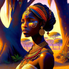 Colorful African Woman Portrait in Savannah Sunset Setting