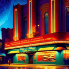 Colorful retro-style movie theater entrance at night with neon lights and starry sky