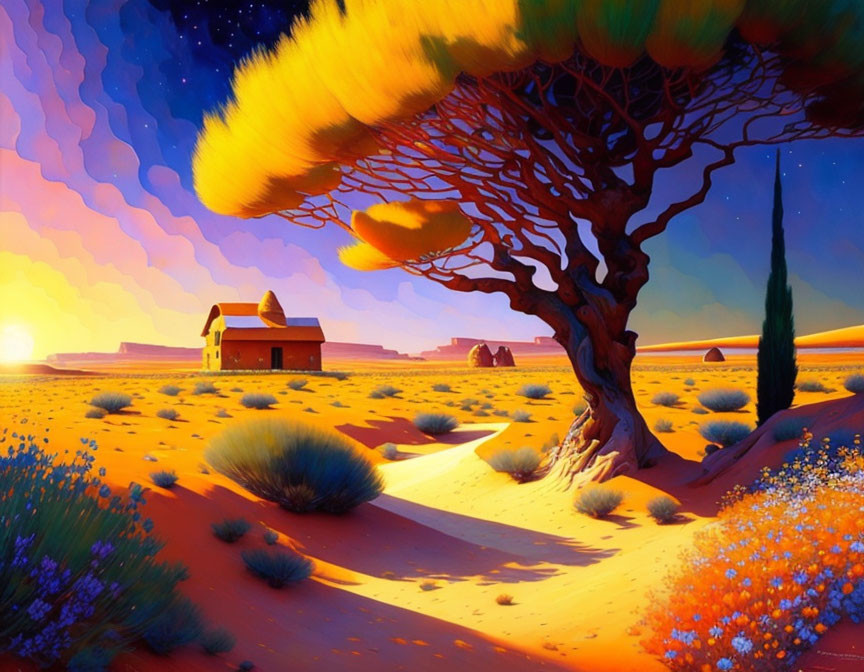 Colorful surreal landscape with large tree, flowers, winding path, house, desert backdrop, sunset sky