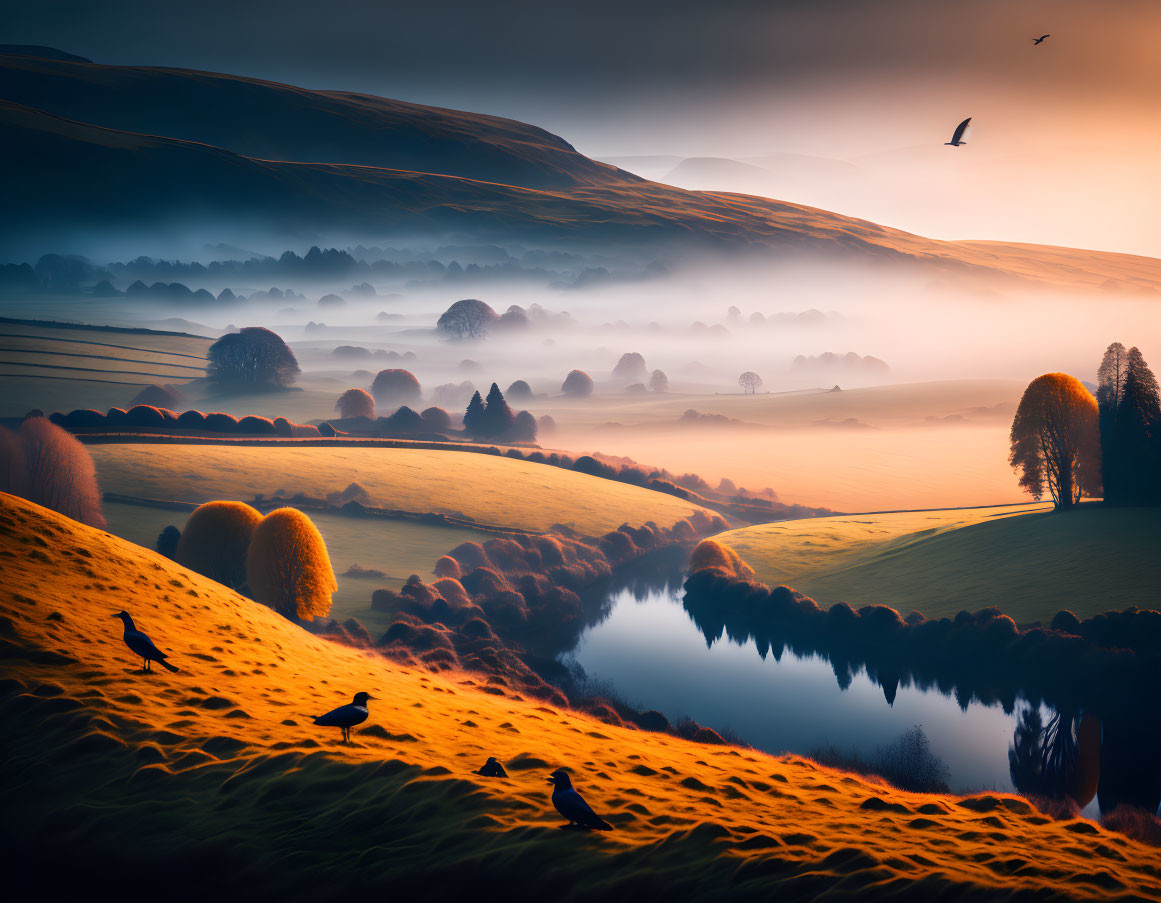 Tranquil sunrise landscape with mist, river, hills, trees, and birds in golden light