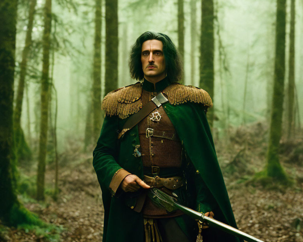 Medieval-style person with sword in foggy forest wearing green cloak and ornate shoulder armor