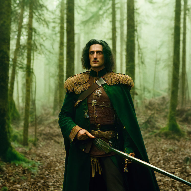 Medieval-style person with sword in foggy forest wearing green cloak and ornate shoulder armor