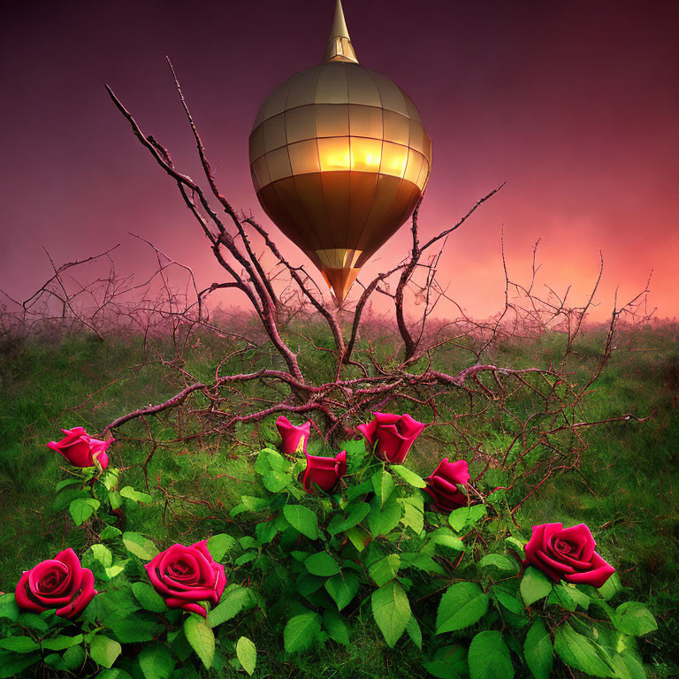 Surreal golden onion dome with red roses and thorny branches on red-violet sky