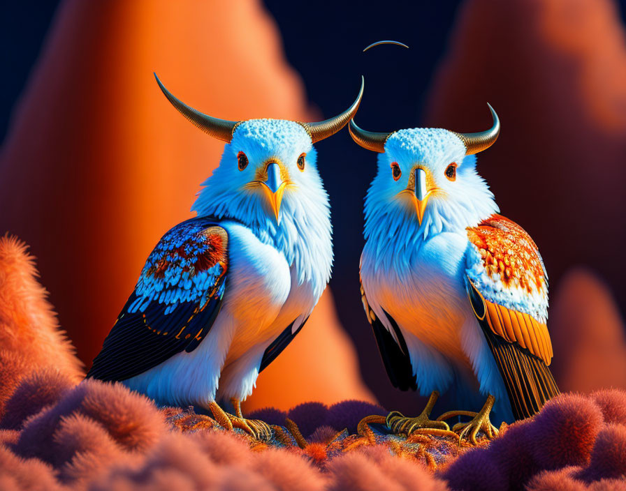 Majestic eagle-bodied creatures with owl heads and horns in vibrant fantasy landscape