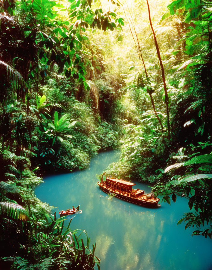 Tranquil river in dense tropical forest with traditional boat