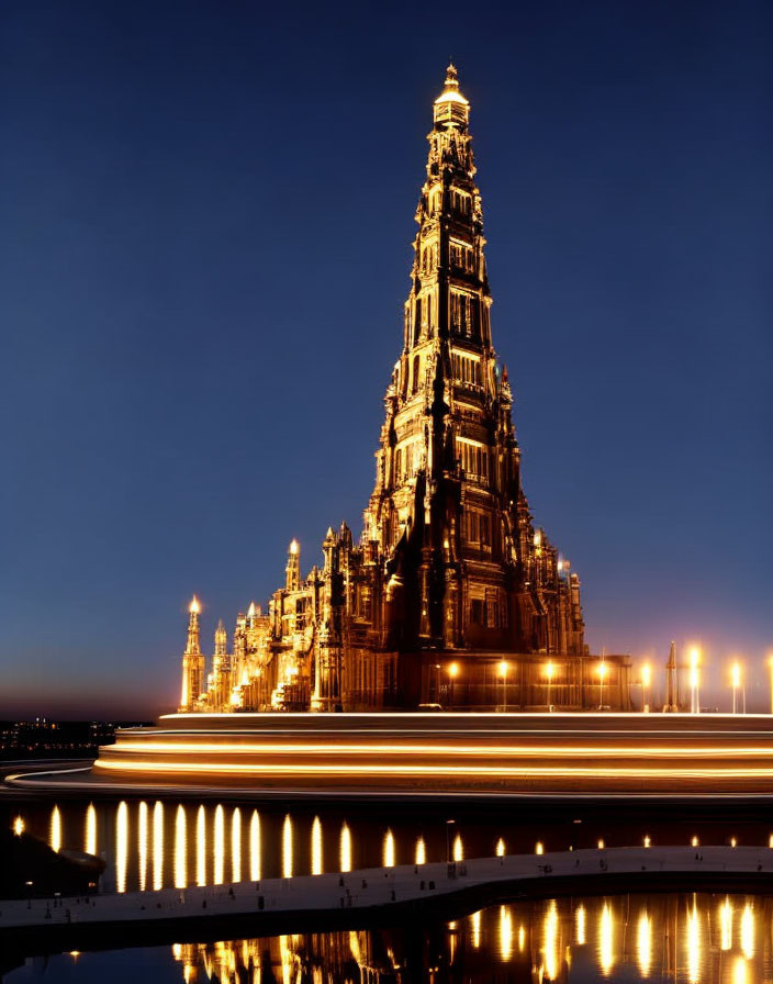 Gothic Cathedral Lit Up at Dusk with Traffic Light Trails