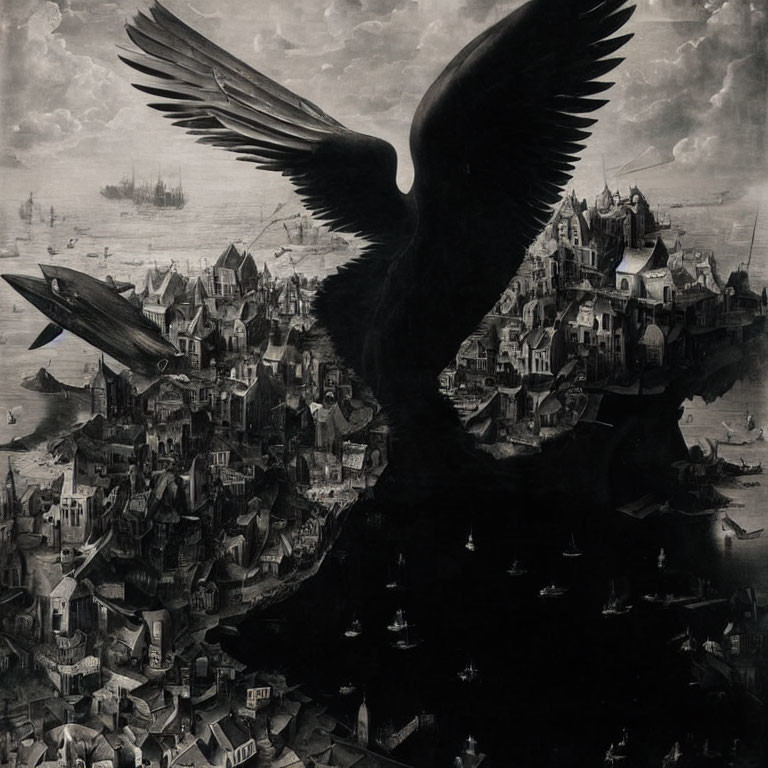 Majestic eagle soars over crowded fantasy city with ships in cloudy sky