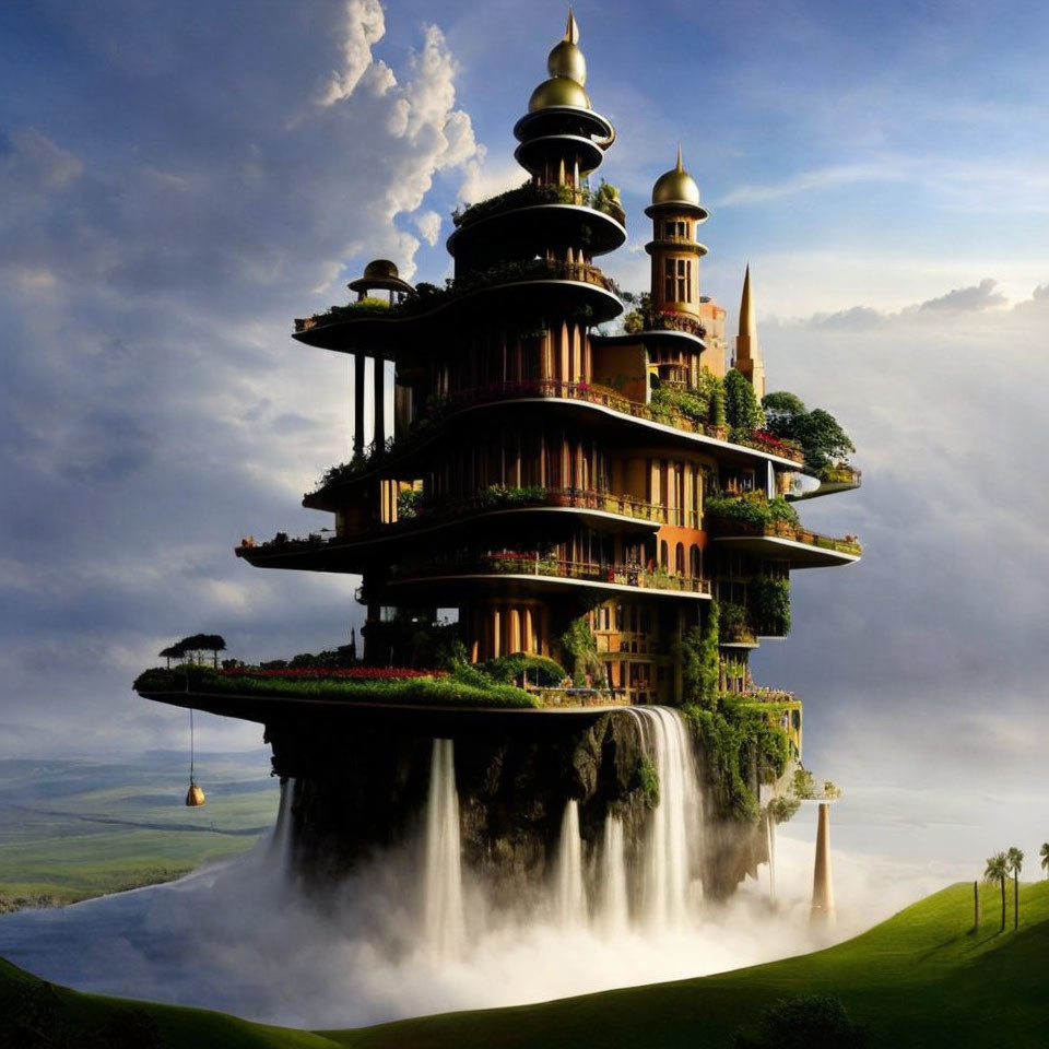 Fantastical Eastern-style palace on floating island with waterfalls