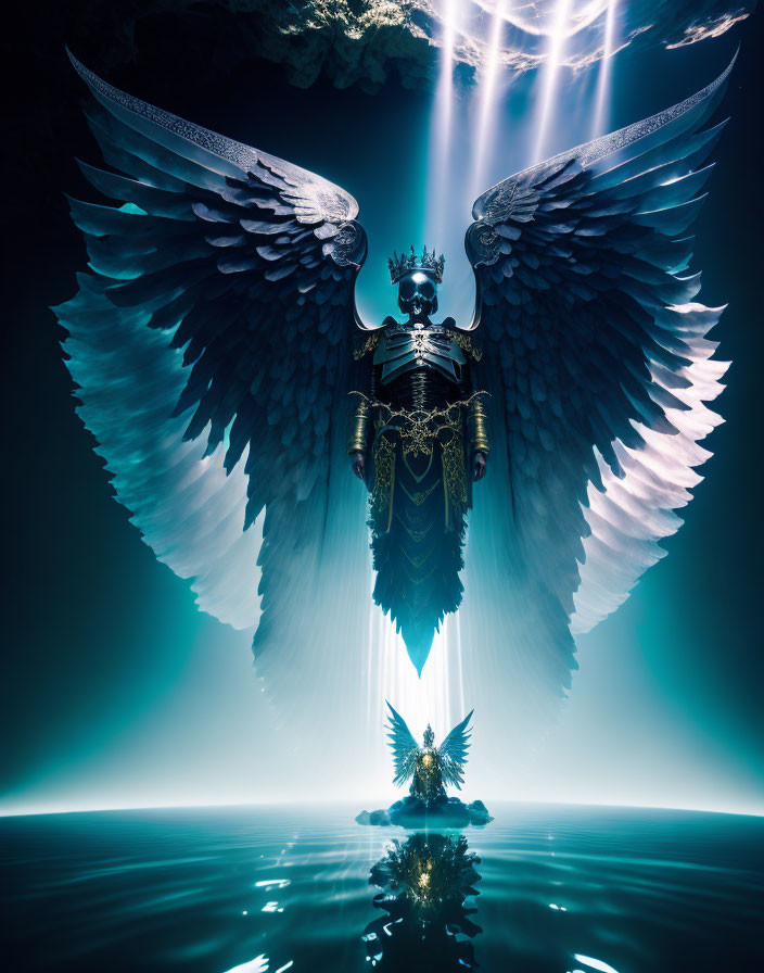 Majestic figure in ornate armor with angelic wings standing under divine light beams.