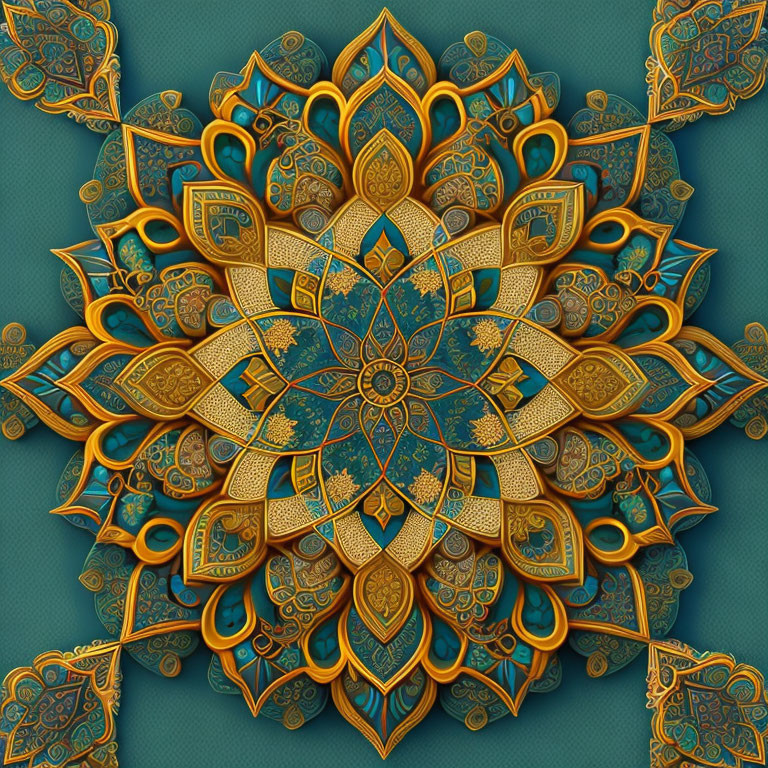 Symmetrical ornate mandala with gold and turquoise patterns on teal background