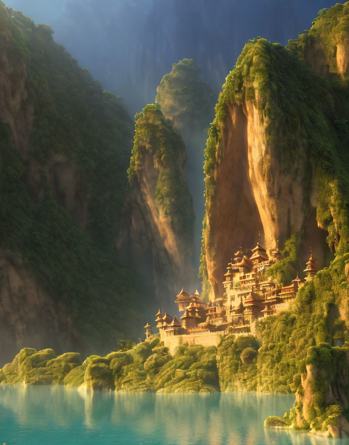 Ethereal mountain landscape with Asian-style buildings and tranquil lake