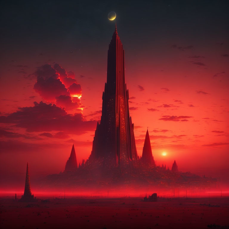 Dark spire against crimson sky with crescent moon and smaller peaks under red sunset