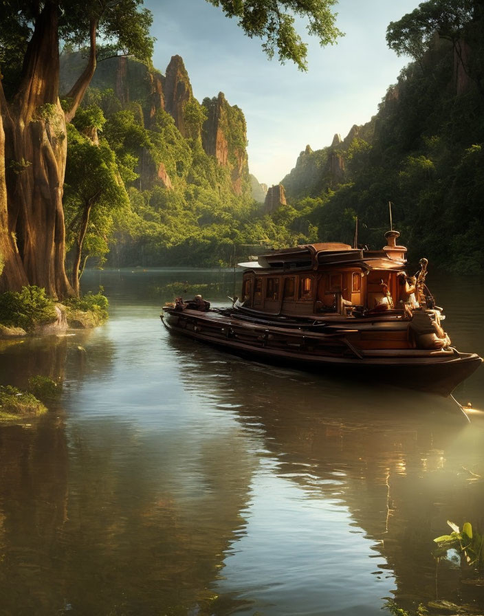 Tranquil river scene with lush greenery, cliffs, and wooden boat