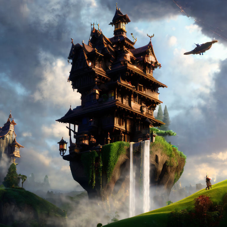 Fantastical floating island with traditional building, dragons, and lush greenery