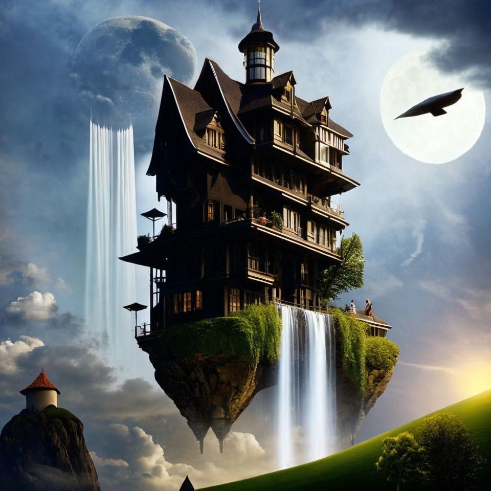 Multistory house on floating island with waterfalls, sky, moon, and spacecraft.