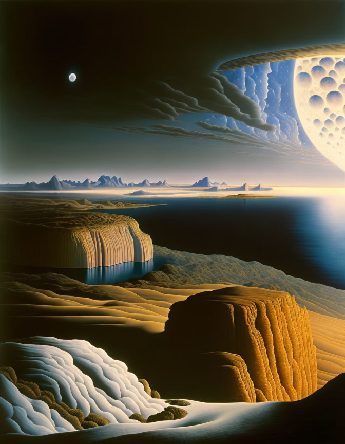 Surreal landscape featuring waterfall, desert dunes, moon, planet, and star