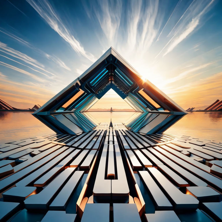 Symmetrical triangle architectural structure reflecting vivid sunset on water