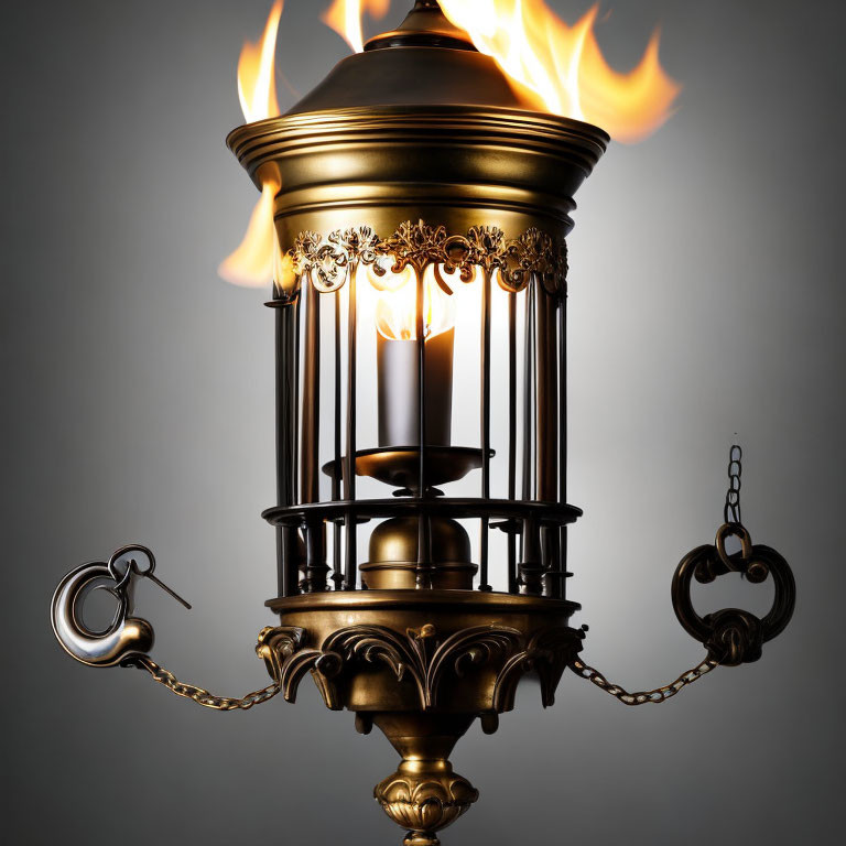 Vintage Lantern with Flames on Gray Background