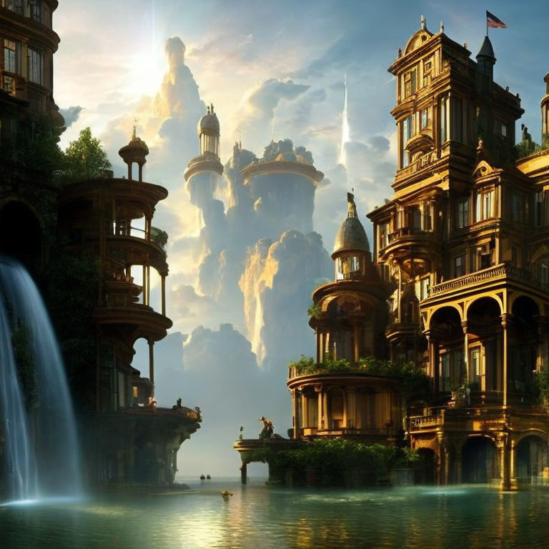 Ornate cityscape by waterfall with floating islands