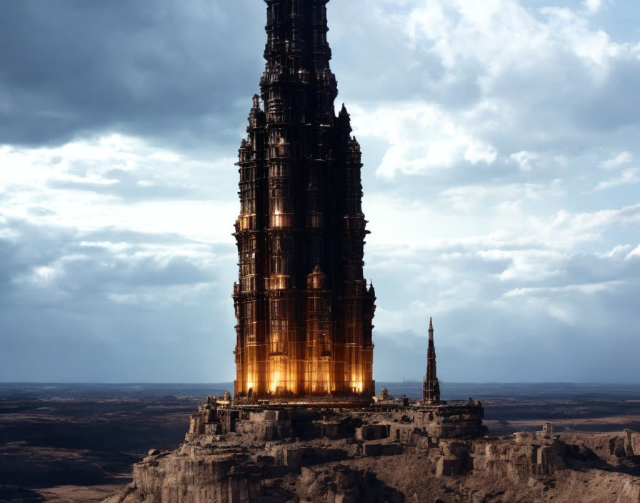 Gothic spire illuminated on rugged plateau