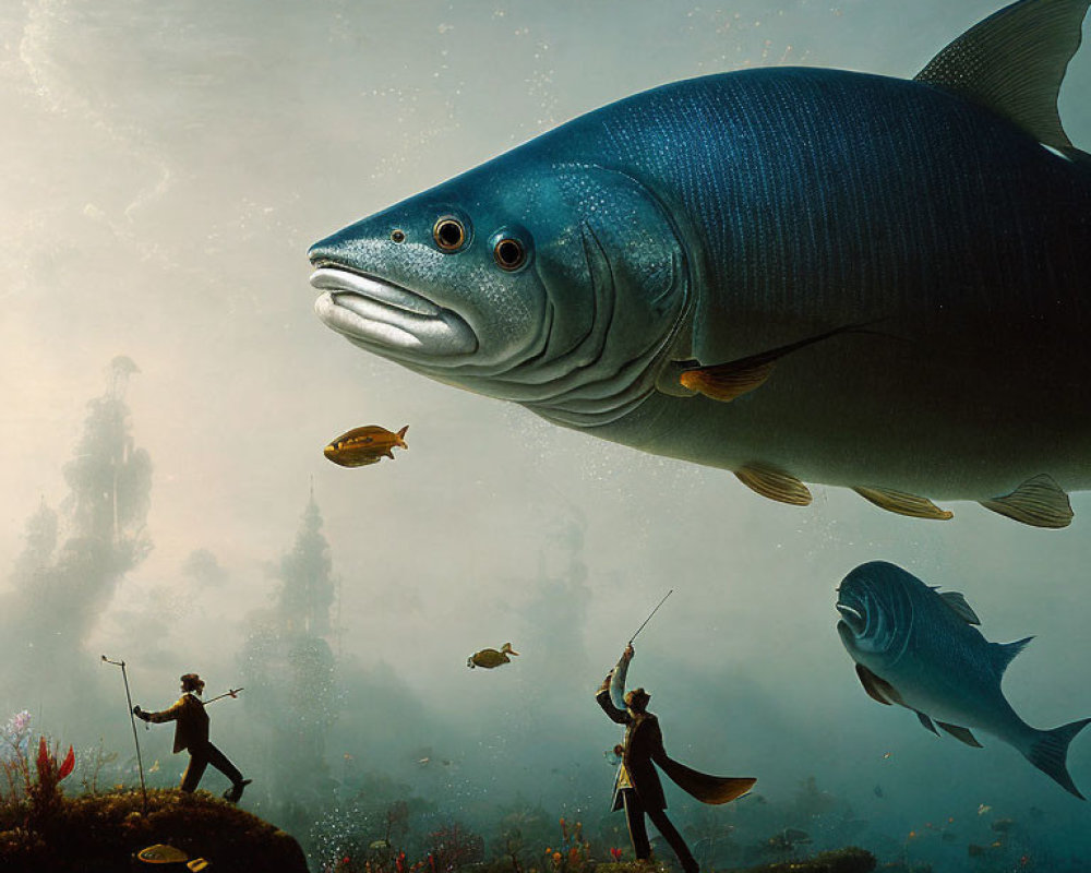 Vivid underwater scene with people and giant fish in surreal setting