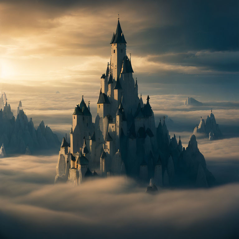 Majestic castle with multiple towers above sea of clouds at sunset