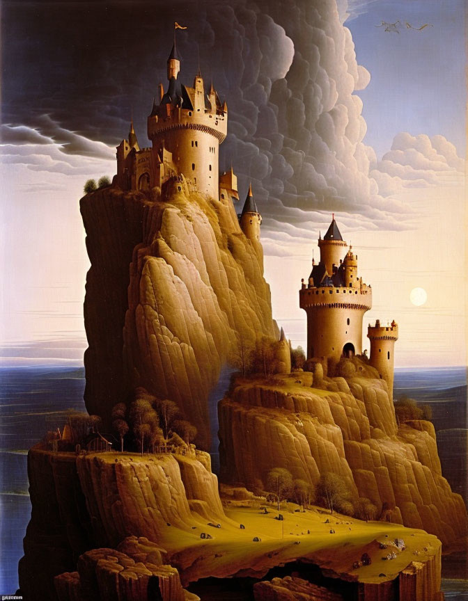 Fantastical painting of castle on rock formations under dramatic sky