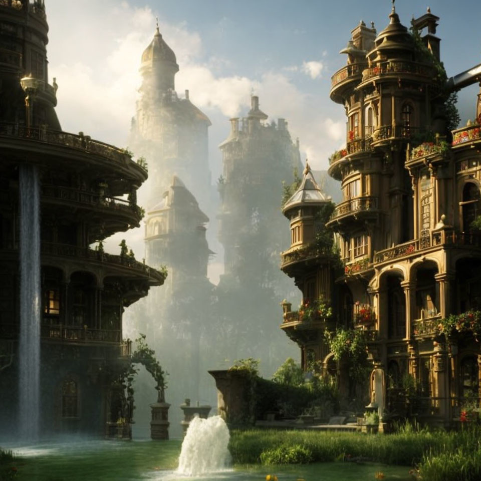 Majestic towers and lush greenery in fantasy landscape