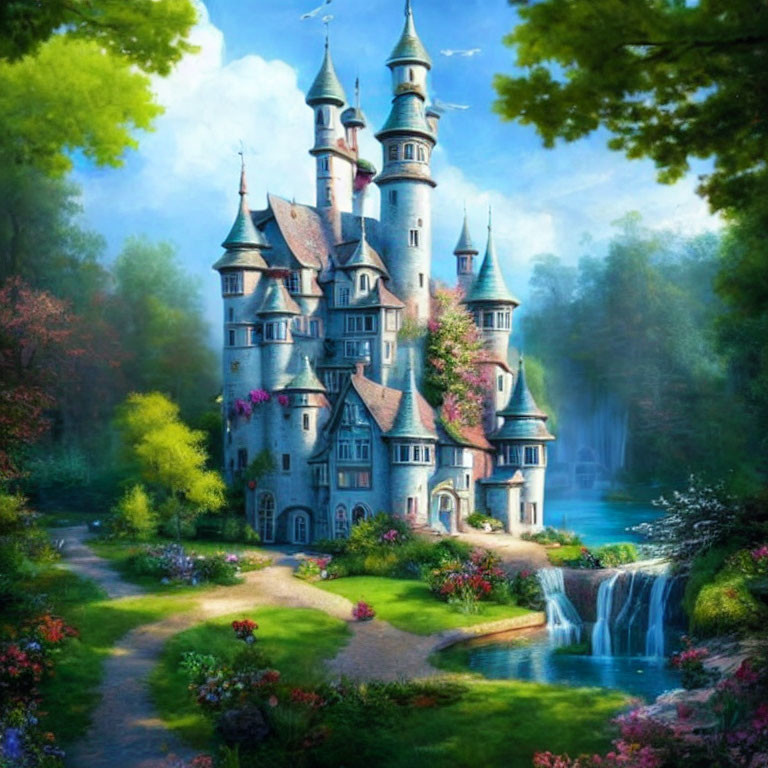 Enchanting fairytale castle in lush forest with waterfall and river