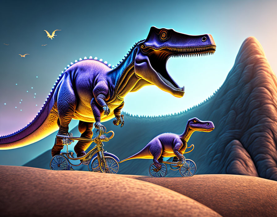 Velociraptors on Bicycles in Colorful Surreal Scene