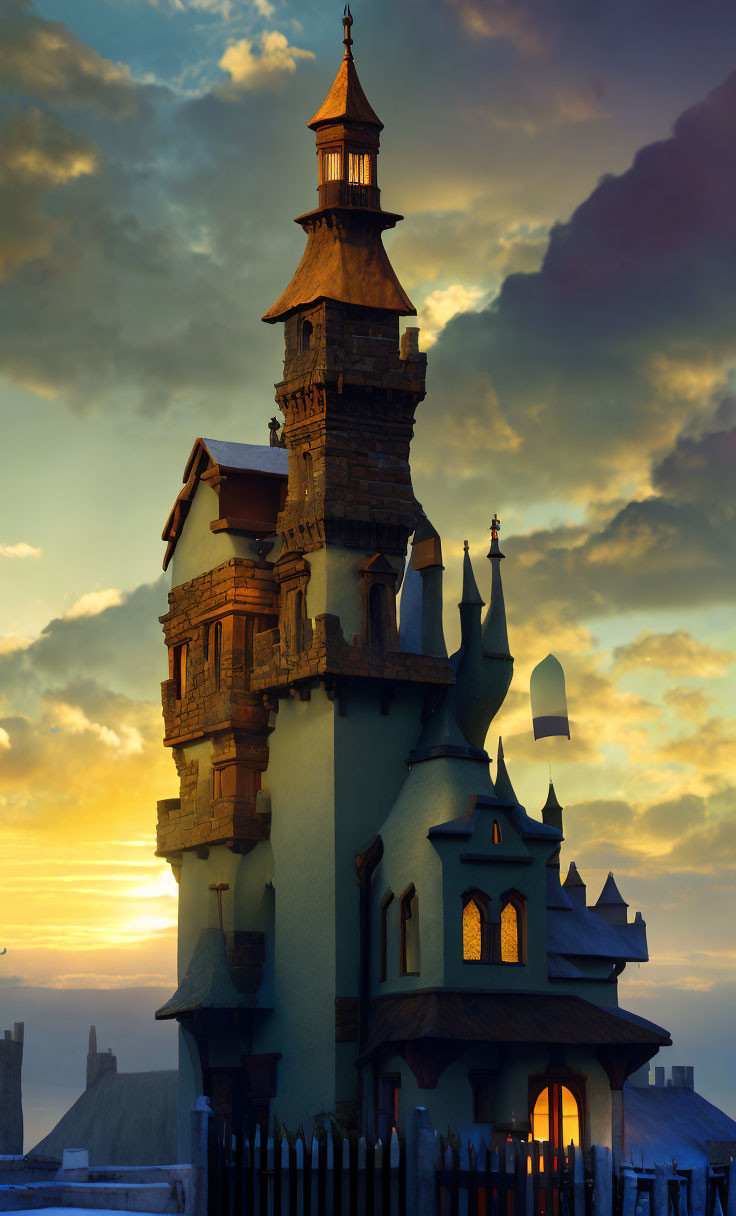 Towering castle with diverse architecture under dramatic sunset sky