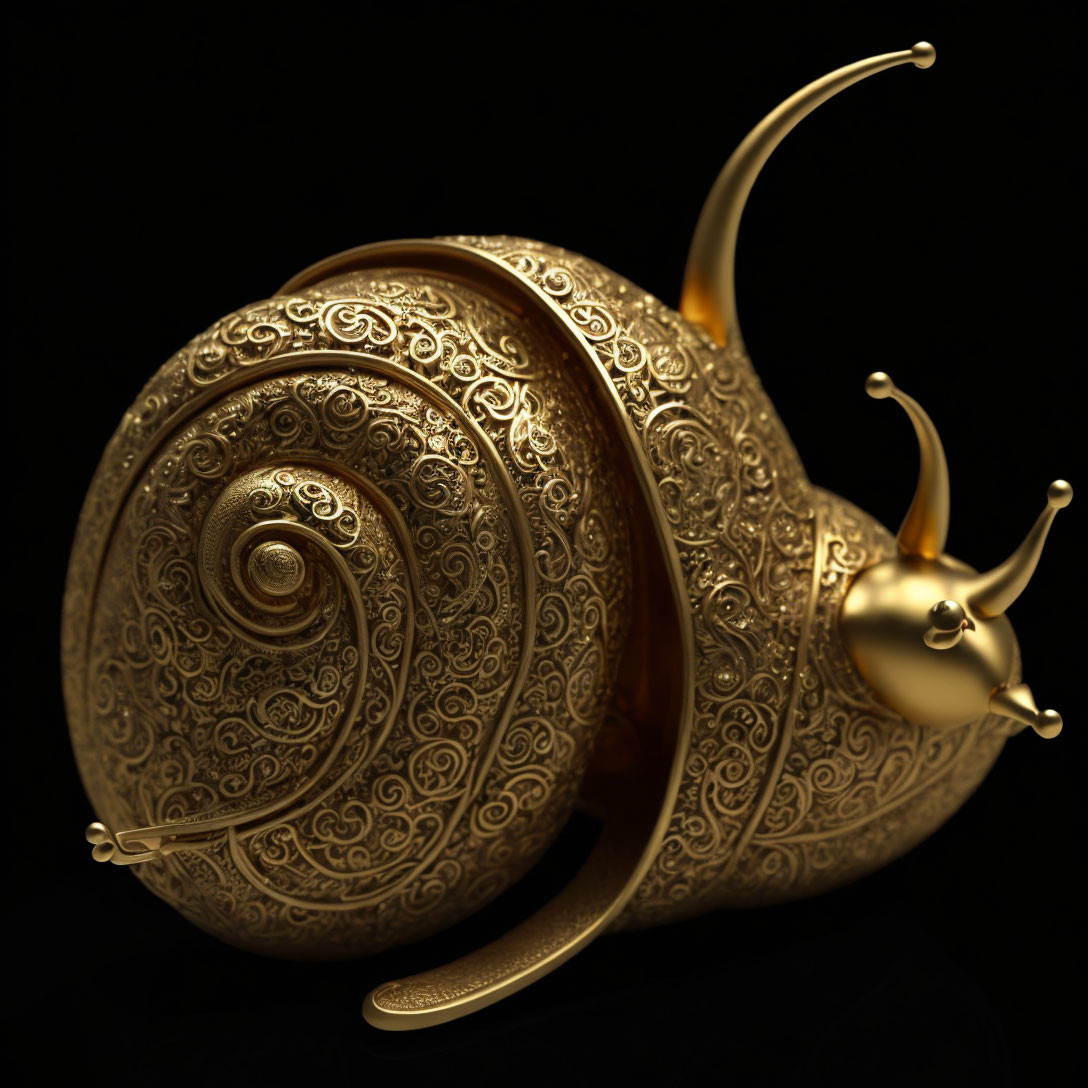 Intricately Designed Golden Snail on Black Background