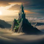 Majestic castle with multiple towers above sea of clouds at sunset