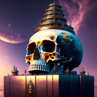 Large Ornate Golden Skull with Temples on Purple Sky & Crescent Moon