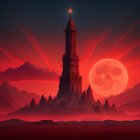 Dark spire against crimson sky with crescent moon and smaller peaks under red sunset
