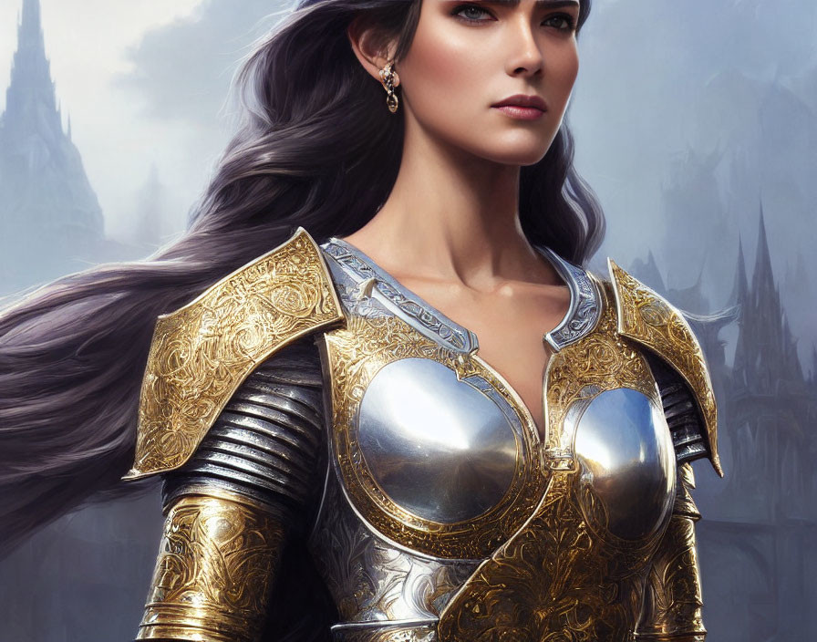 Digital artwork: Woman in ornate medieval armor with flowing hair in fantasy castle backdrop