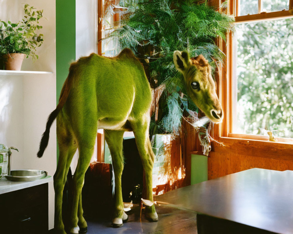 Young Moose Eating Houseplant by Sunny Window