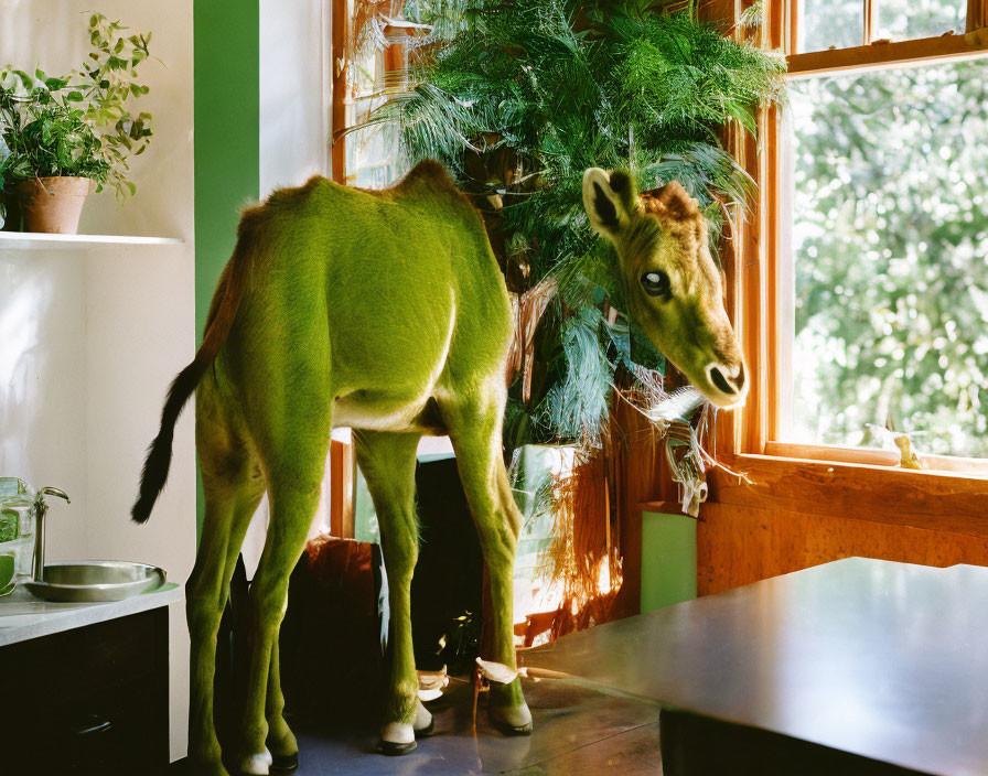 Young Moose Eating Houseplant by Sunny Window