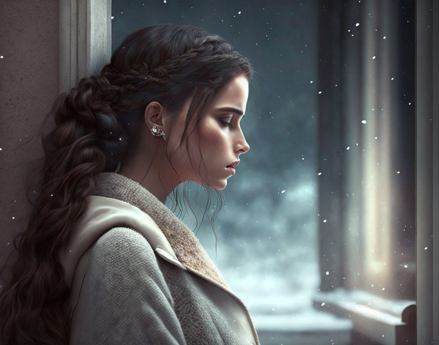 Woman with Braided Hair Contemplates Snowfall through Frosty Window