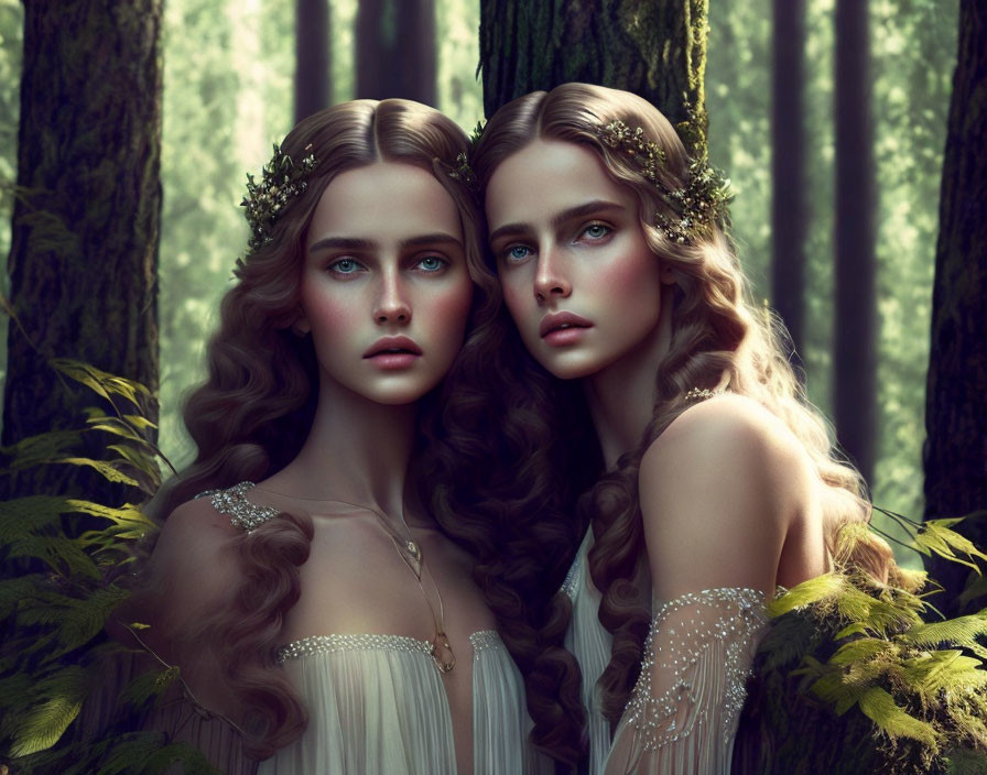 Two women in floral crowns and elegant dresses in mystical forest setting