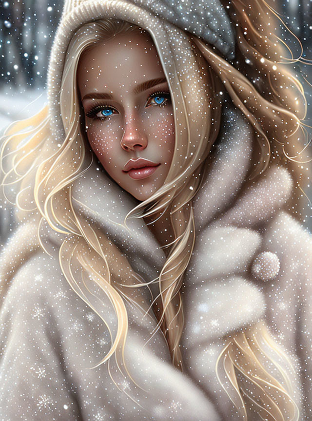 Digital artwork of woman with blue eyes and blonde hair in warm coat with snowflakes.