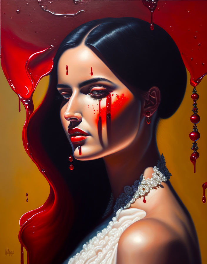 Hyperrealistic Painting: Woman with Dark Hair, Red Dripping Paint, White Pearls on