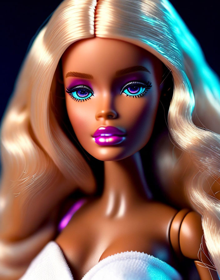 Blonde Barbie doll with blue eyes under dramatic lighting